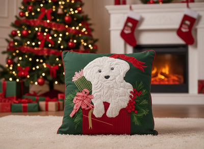 Christmas Puppy Dog Appliqué Cushion Cover - Fuzzy Holiday Gift Decor