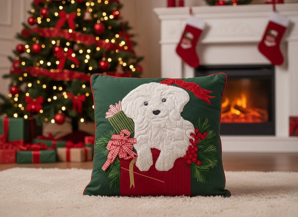 Christmas Puppy Dog Appliqué Cushion Cover - Fuzzy Holiday Gift Decor