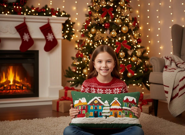 Christmas Village Scene Tufted Cushion Cover