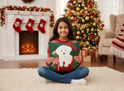 Christmas Puppy Dog Appliqué Cushion Cover - Fuzzy Holiday Gift Decor