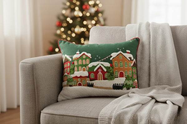 Festive Winter Village Embroidered Cushion Cover!