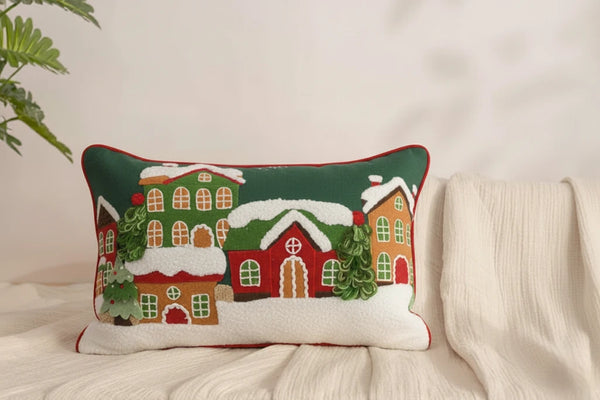 Festive Winter Village Embroidered Cushion Cover!