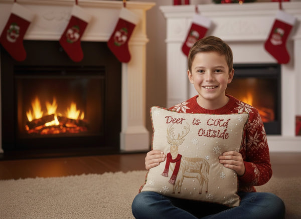 Deer is Cold Outside Embroidered Reindeer Cushion Cover