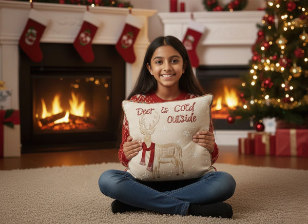Deer is Cold Outside Embroidered Reindeer Cushion Cover