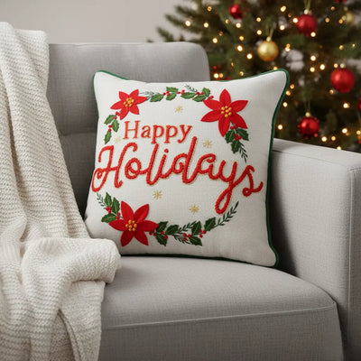 Embroidered “Happy Holidays” Cushion Cover