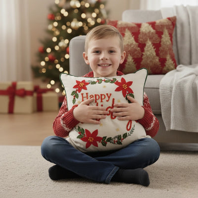 Embroidered “Happy Holidays” Cushion Cover