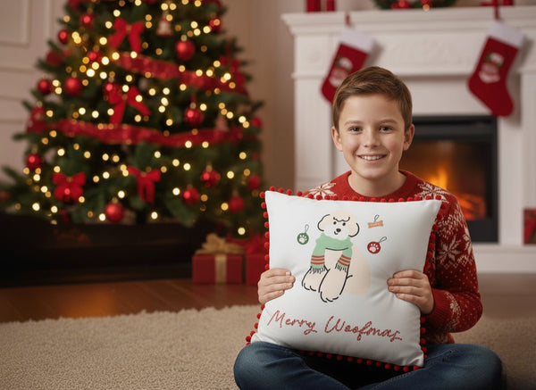 Merry Woofmas Pom-Pom Cushion Cover - Holiday Poodle Pet Decor