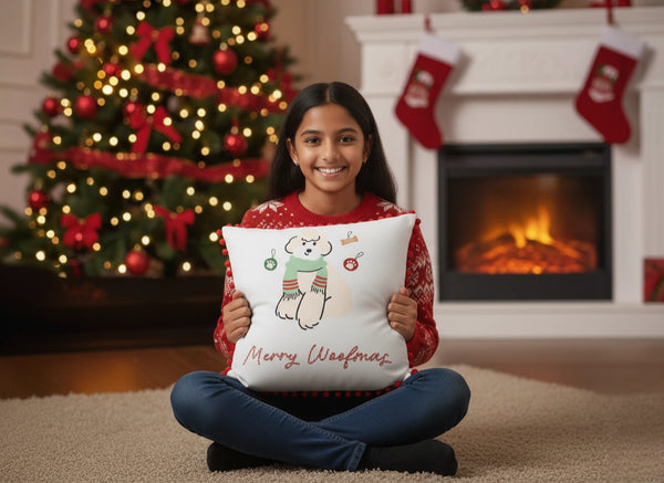 Merry Woofmas Pom-Pom Cushion Cover - Holiday Poodle Pet Decor