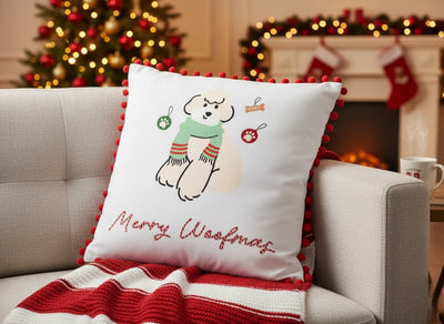 Merry Woofmas Pom-Pom Cushion Cover - Holiday Poodle Pet Decor