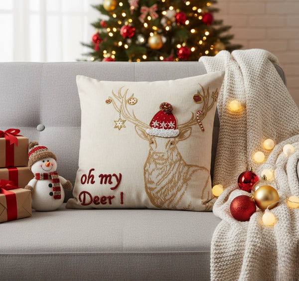 “Oh My Deer!” Embroidered Christmas Cushion Cover